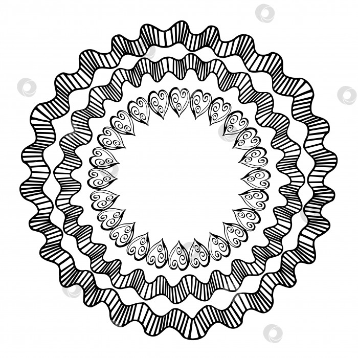 Скачать Векторная круглая рамка с рисунком из символов сердечной любви, полосатая волнистая лента для украшения посуды, салфеток, узор мандалы для раскрашивания. фотосток Ozero