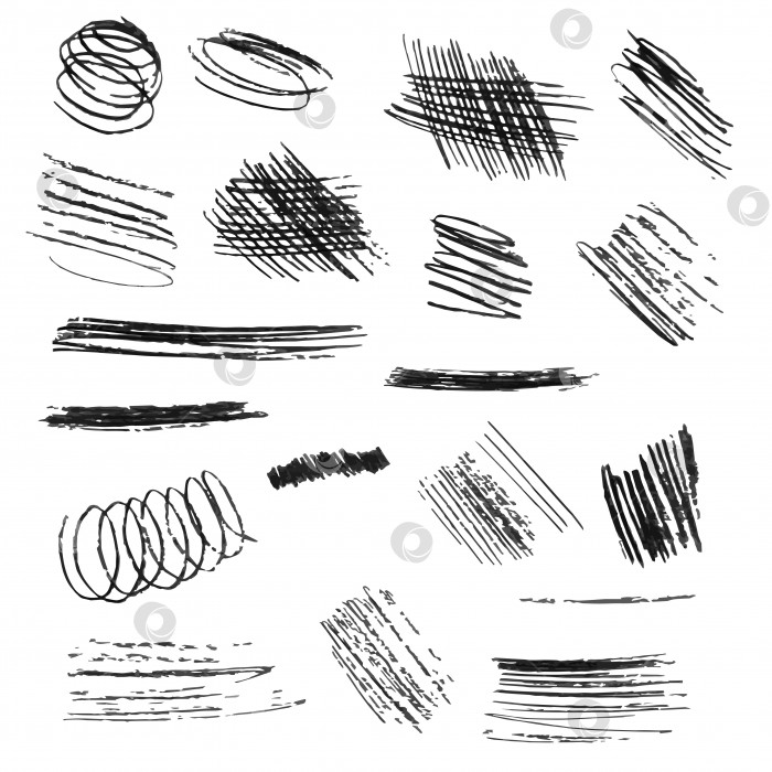 Скачать Набор черно-серых каракулевых штрихов, нарисованных от руки, пример карандашной штриховки, заготовки для векторных кистей, баннер, графические элементы для рамок. фотосток Ozero