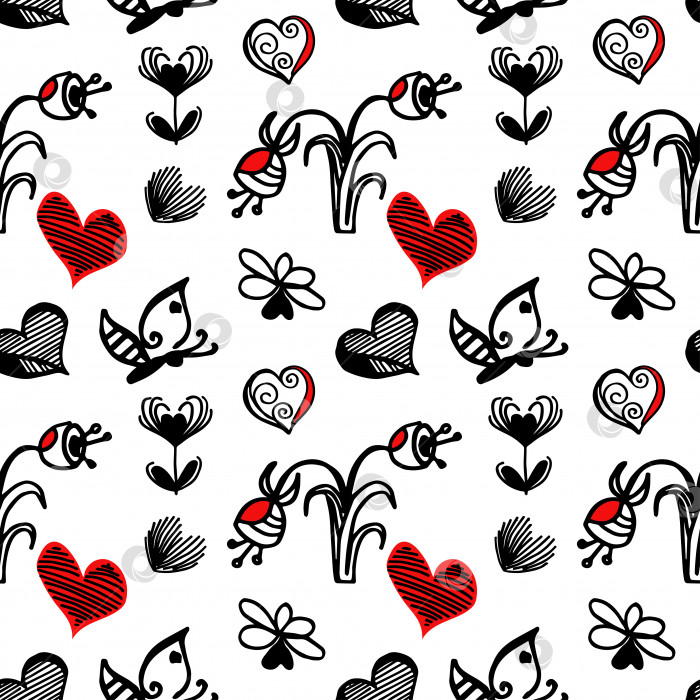Скачать Бесшовный векторный узор красно-черно-белый рисунок от руки с набором элементов, символизирующих любовь, весну, свадьбу. Бабочка порхает над цветком, сердечки разной формы в стиле каракулевых набросков, фотосток Ozero