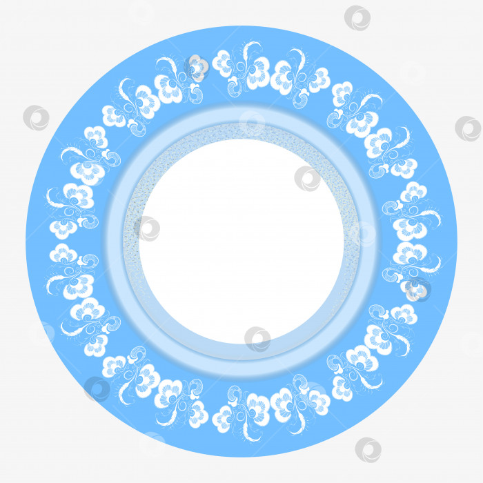 Скачать Векторный декоративный узор по кругу. Украшение круглой рамки, тарелки, плоского блюда. Стоковая иллюстрация, узор с белой птицей, выделенной на синем фоне, крупным планом. фотосток Ozero