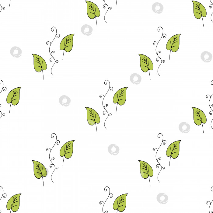 Скачать Бесшовный фон с зелеными листьями и уютными декоративными элементами на белом фоне. Бесконечный узор для вашего дизайна. Вектор. фотосток Ozero