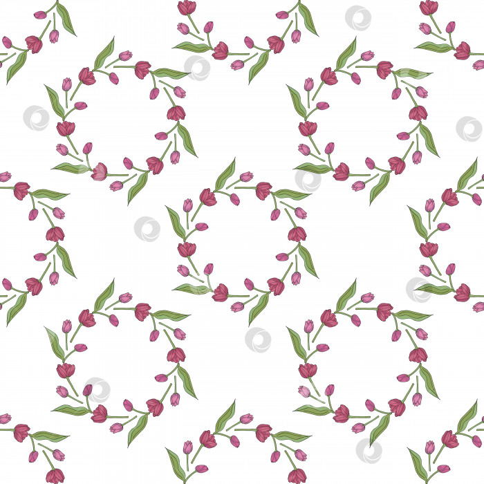 Скачать Бесшовный фон с круглыми рамками из горизонтальных розовых тюльпанов на белом фоне. Бесконечный цветочный фон для вашего дизайна. фотосток Ozero