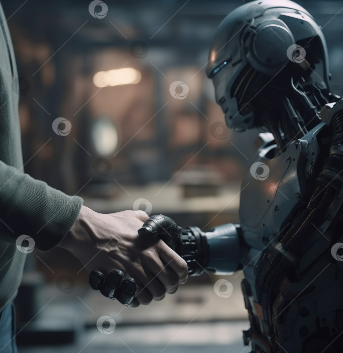 Скачать Мужчина пожимает руку роботу-киборгу - концептуальному изображению, сгенерированному искусственным интеллектом фотосток Ozero