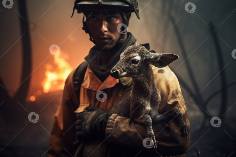 Скачать Пожарный-спасатель выносит на руках олененка из горящего леса, изображение полностью сгенерировано искусственным интеллектом фотосток Ozero