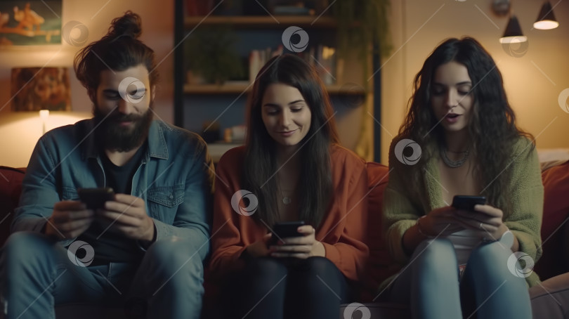Скачать Две молодые женщины и мужчина, сидящие на диване в квартире, играют каждая в свой смартфон, полностью сгенерированный искусственным интеллектом фотосток Ozero