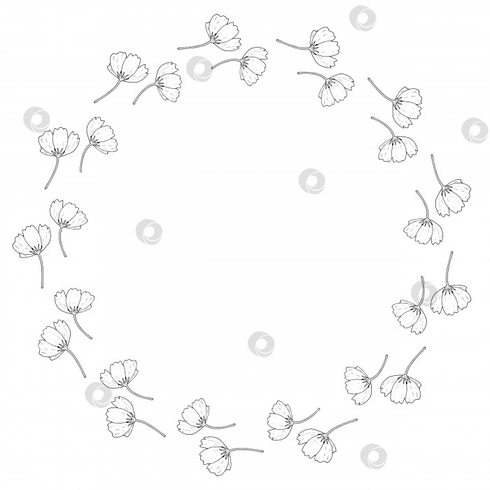Скачать Круглая рамка с горизонтальными черно-белыми космическими цветами на белом фоне. Изолированная цветочная рамка для вашего дизайна. Векторное изображение. фотосток Ozero