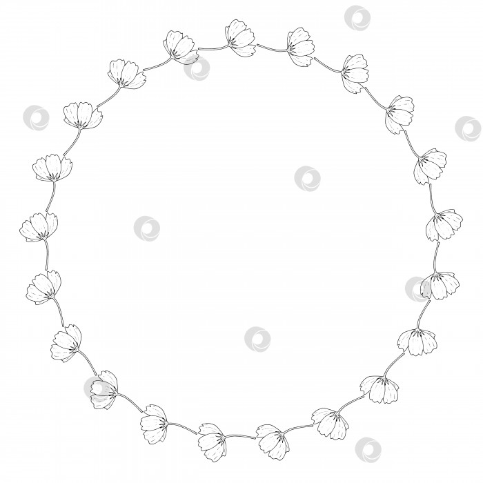 Скачать Круглая рамка с маленькими горизонтальными черно-белыми космическими цветами на белом фоне. Изолированная цветочная рамка для вашего дизайна. Векторное изображение. фотосток Ozero