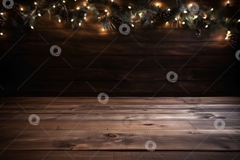 Скачать Рождественская размытая гирлянда и деревянная столешница. фотосток Ozero