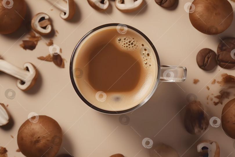 Скачать Кофе чагаччино в белой чашке и грибочки вокруг на бежевом фоне. фотосток Ozero