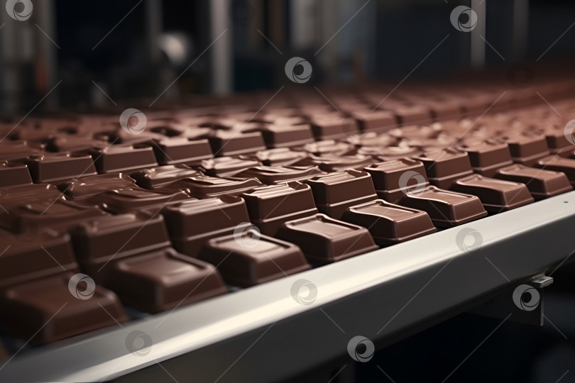 Скачать Производство шоколадных конфет на фабрике, конвейер. Генеративный искусственный интеллект. фотосток Ozero