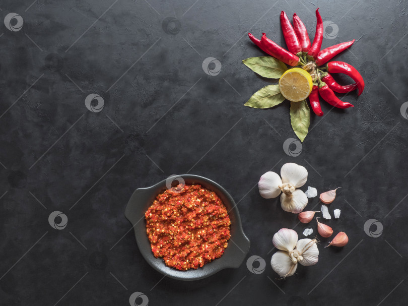 Скачать Домашняя острая аджика из острого перца со специями на черном столе. фотосток Ozero