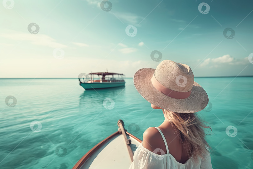 Скачать Вид сзади на молодую женщину, отдыхающую на лодке и смотрящую на океан. Иллюстрация генеративного искусственного интеллекта фотосток Ozero