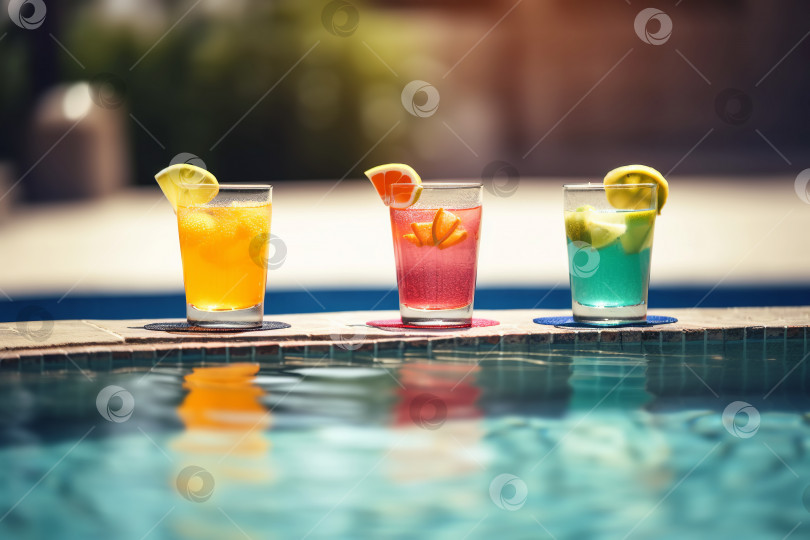Скачать Тропический коктейль со льдом у бассейна. Иллюстрация генеративного искусственного интеллекта фотосток Ozero