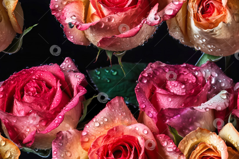 Скачать Цветочный бесшовный узор из розовых роз. Шаблон для тканей, текстиля, бумаги, обоев, оформления интерьера. Иллюстрация генеративного искусственного интеллекта фотосток Ozero