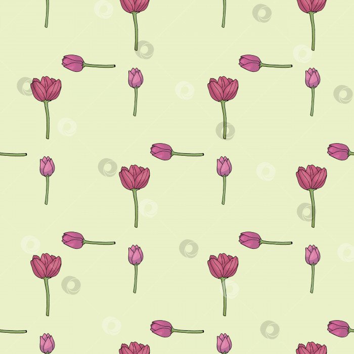 Скачать Бесшовный узор с очаровательными розовыми тюльпанами на светло-зеленом фоне для ткани, текстиля, одежды, скатерти и других вещей. Векторное изображение. фотосток Ozero