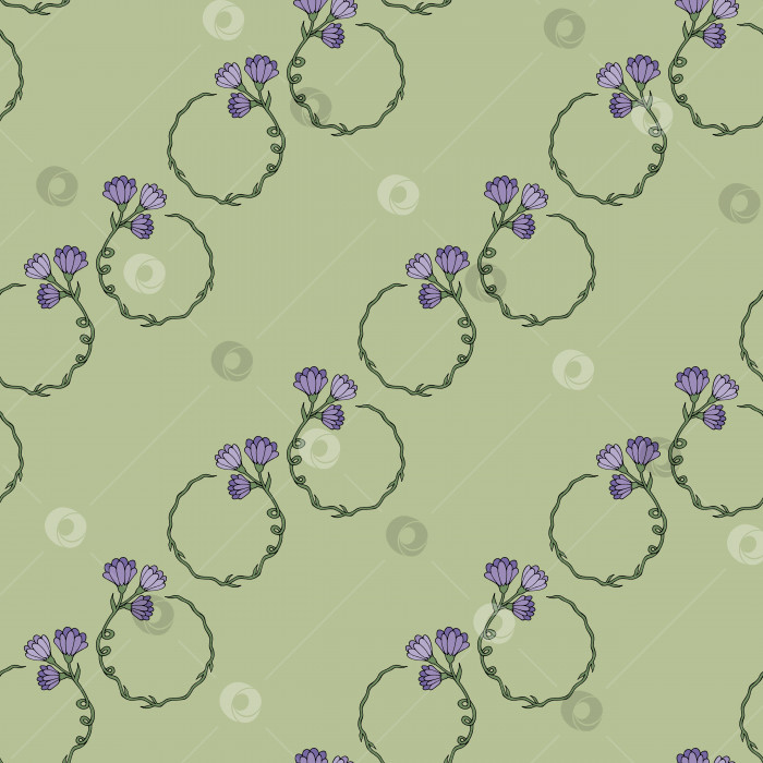 Скачать Бесшовный узор с цветочными венками с фиолетовыми цветами на зеленом фоне 02.  Векторное изображение. фотосток Ozero