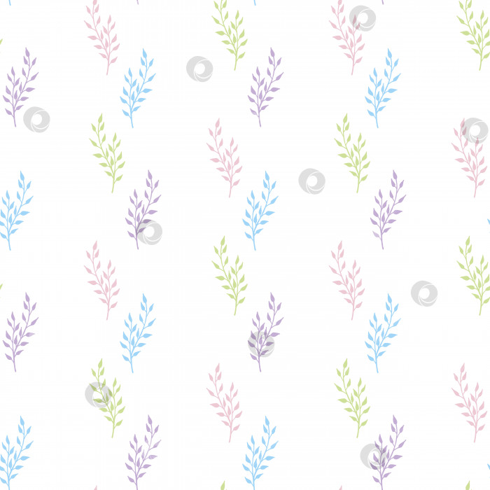 Скачать Бесшовный узор с интересными розовыми, голубыми, зелеными и фиолетовыми ветвями на белом фоне для ткани, текстиля, одежды, скатерти и других вещей. Векторное изображение. фотосток Ozero