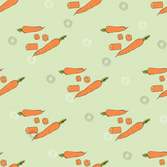 Скачать Бесшовный фон с цветной морковью и ломтиками моркови на светло-зеленом фоне. Бесконечный узор для вашего дизайна. Вектор. фотосток Ozero