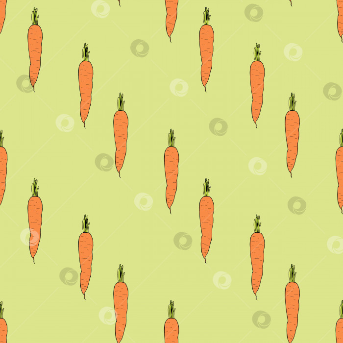 Скачать Бесшовный узор с вертикальной уютной морковью на светло-зеленом фоне. Бесконечный фон из овощей для вашего дизайна. Векторное изображение. фотосток Ozero