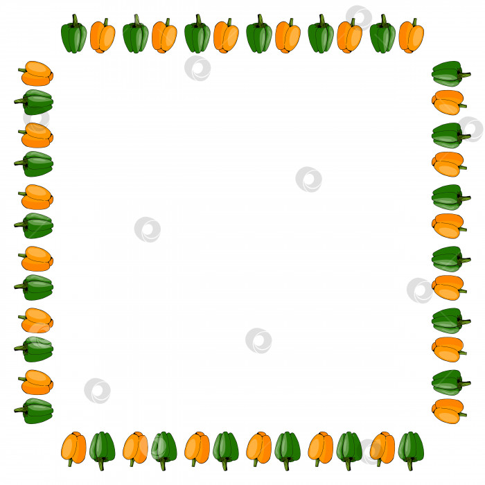 Скачать Квадратная рамка из зеленых и оранжевых перцев на белом фоне. Изолированная рамка для вашего дизайна. фотосток Ozero