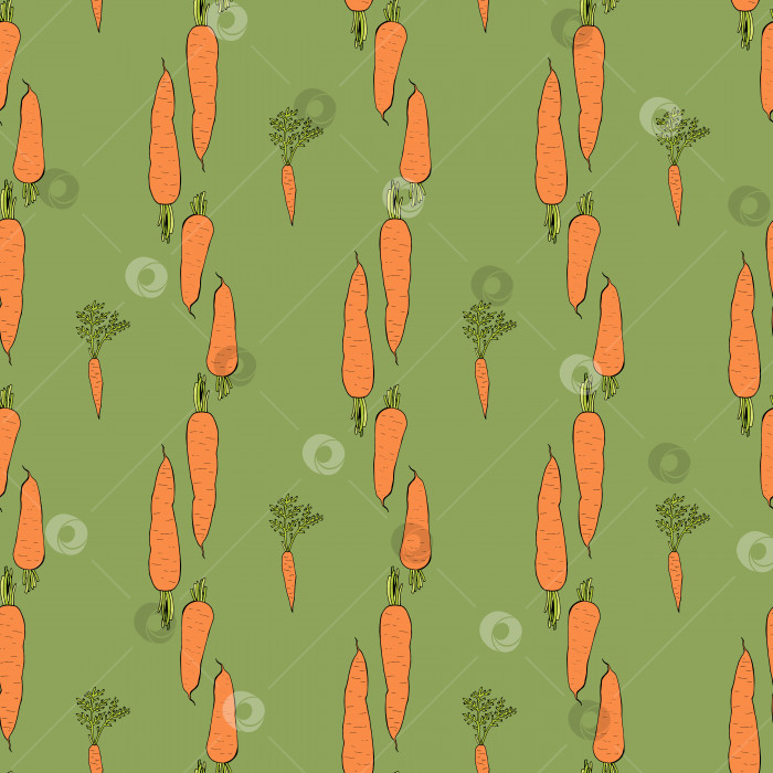 Скачать Бесшовный узор с красивой оранжевой морковью на зеленом фоне для ткани, текстиля, одежды, скатерти и других вещей. Векторное изображение. фотосток Ozero