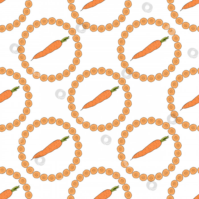 Скачать Бесшовный узор с морковью и морковными ломтиками на белом фоне для ткани, текстиля, одежды, скатерти и других вещей. Векторное изображение. фотосток Ozero