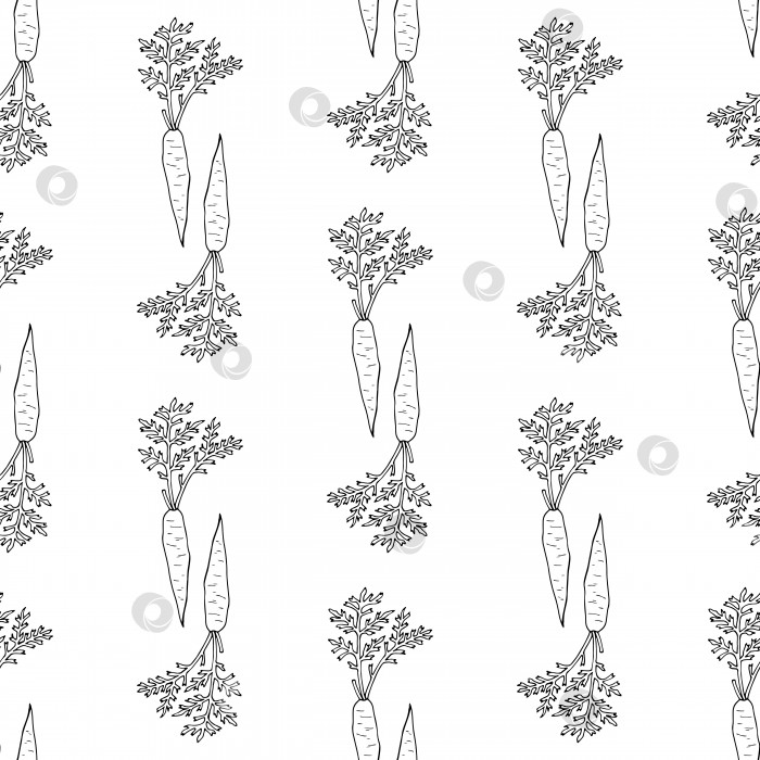 Скачать Бесшовный узор с уютной черно-белой морковью на белом фоне для ткани, текстиля, одежды, скатерти и других вещей. Векторное изображение. фотосток Ozero