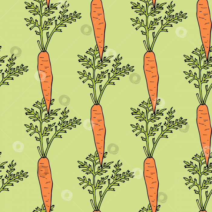 Скачать Бесшовный узор с креативной оранжевой морковью на светло-зеленом фоне для ткани, текстиля, одежды, скатерти и других вещей. Векторное изображение. фотосток Ozero