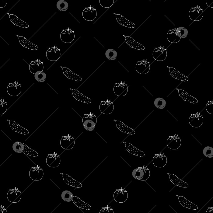 Скачать Бесшовный узор с великолепными помидорами и огурцами на черном фоне. Векторное изображение. фотосток Ozero