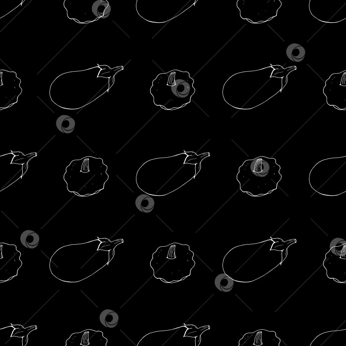 Скачать Бесшовный узор с большими баклажанами и кустовыми тыквами на черном фоне. Векторное изображение. фотосток Ozero