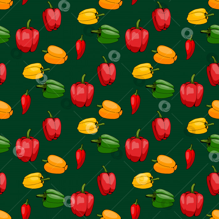 Скачать Бесшовный узор со стильными позитивными красными, зелеными, желтыми и оранжевыми перцами на темно-зеленом фоне для ткани, текстиля, одежды, скатерти и других вещей. Векторное изображение. фотосток Ozero