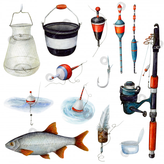 Скачать Набор рыболовных принадлежностей для ловли рыбы с помощью лески и крючка. фотосток Ozero