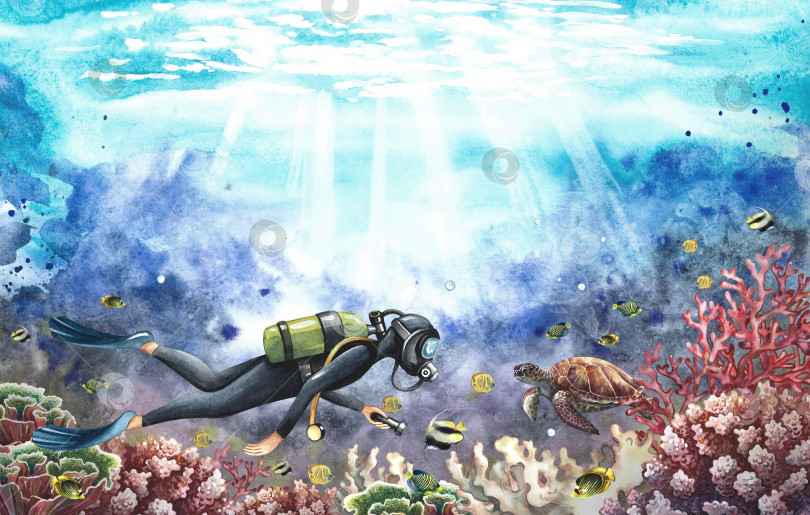 Скачать Ныряльщик плавает под водой на дне моря. Подводное путешествие. Нарисованный акварелью от руки. Концептуальный лейбл, бизнес фотосток Ozero