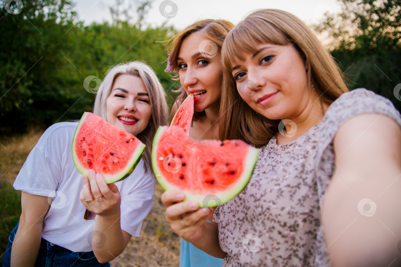 Скачать Счастливые молодые женщины держат ломтики арбуза на открытом воздухе. Ярко-красная ягода. Сочная, сладкая закуска летом на пикнике. Девушки фотографируются с помощью телефона или фотоаппарата. Селфи. фотосток Ozero