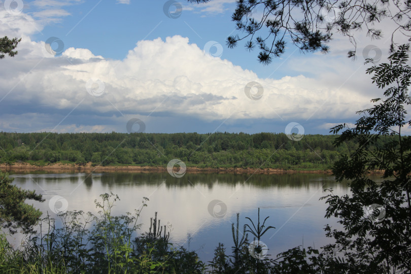 Скачать вид на реку, лес и облака фотосток Ozero