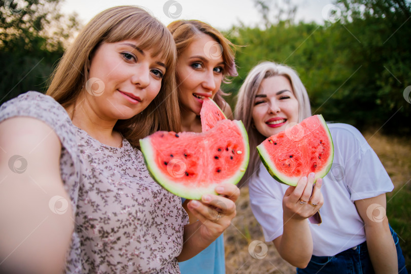 Скачать Счастливые молодые женщины держат ломтики арбуза на открытом воздухе. Ярко-красная ягода. Сочная, сладкая закуска летом на пикнике. Девушки фотографируются с помощью телефона или фотоаппарата. Селфи. фотосток Ozero