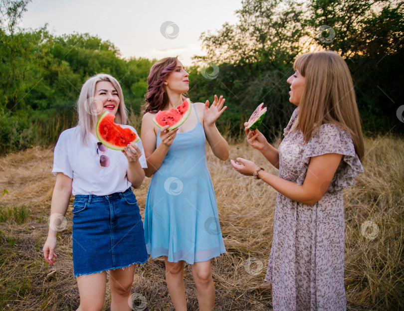 Скачать Счастливые молодые женщины держат ломтики арбуза на открытом воздухе. Ярко-красная ягода. Сочная, сладкая закуска летом на пикнике. Девушки с аппетитом едят арбуз. фотосток Ozero