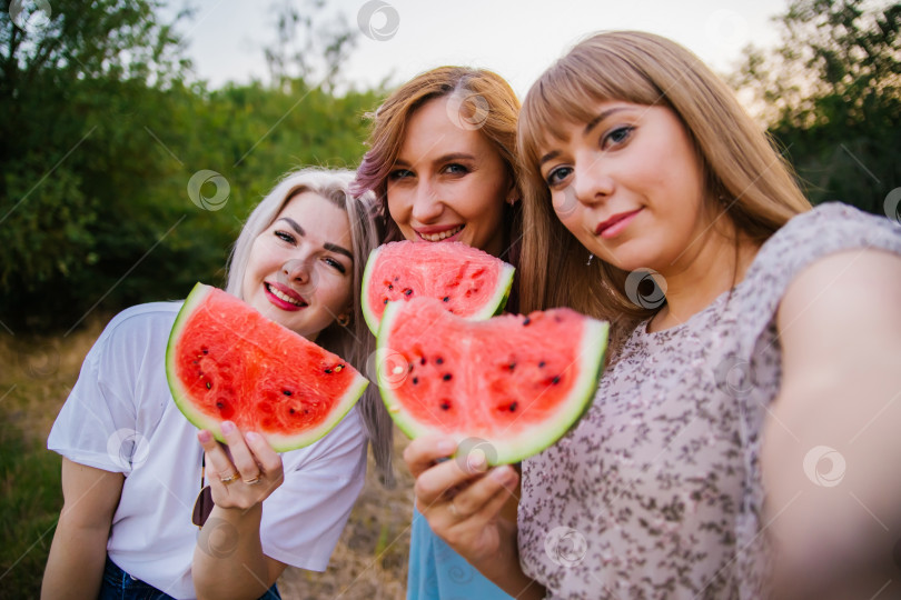 Скачать Счастливые молодые женщины держат ломтики арбуза на открытом воздухе. Ярко-красная ягода. Сочная, сладкая закуска летом на пикнике. Девушки фотографируются с помощью телефона или фотоаппарата. Селфи. фотосток Ozero