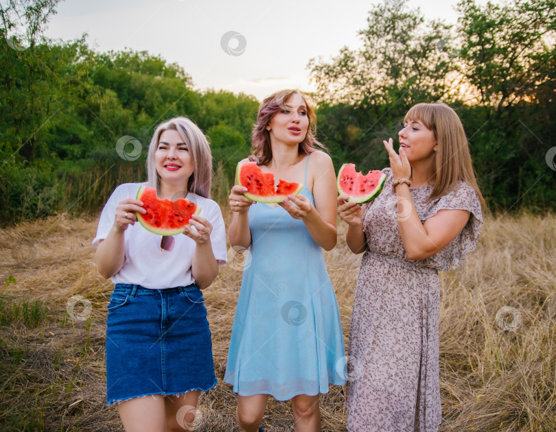 Скачать Счастливые молодые женщины держат ломтики арбуза на открытом воздухе. Ярко-красная ягода. Сочная, сладкая закуска летом на пикнике. Девушки с аппетитом едят арбуз. фотосток Ozero