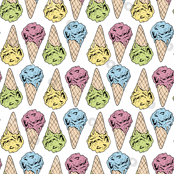 Скачать Бесшовный фон со сладкими большими желтыми, розовыми, зелеными и синими рожками мороженого. Бесконечный узор с красочным мороженым для вашего дизайна. фотосток Ozero