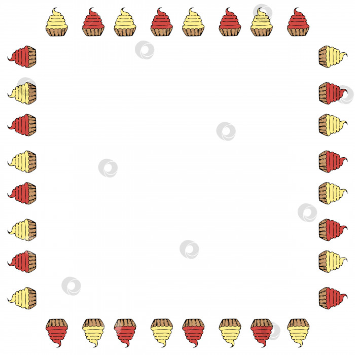 Скачать Квадратная рамка с корзиночками для тортов с красным и желтым кремом. Изолированная рамка на белом фоне. Векторное изображение. Сладкая еда. фотосток Ozero