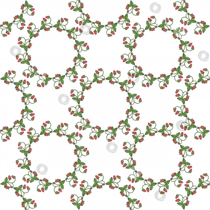 Скачать Бесшовный фон с лесной земляникой и листьями. Бесконечный узор на белом фоне. Векторное изображение. Здоровое питание и диета. фотосток Ozero