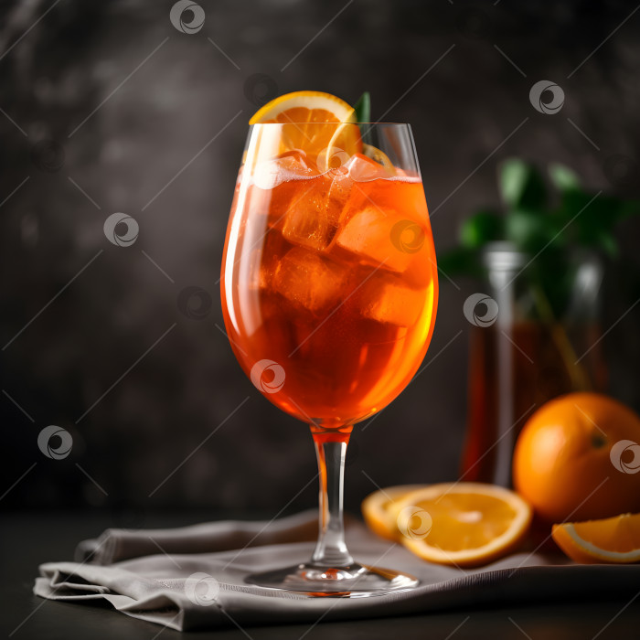 Скачать Высокий бокал итальянского алкогольного коктейля Aperol Spritz со льдом и дольками кровавого апельсина на сером фоне, выборочный акцент. Летний освежающий коктейльный напиток с апельсином. Порождающий искусственный интеллект фотосток Ozero