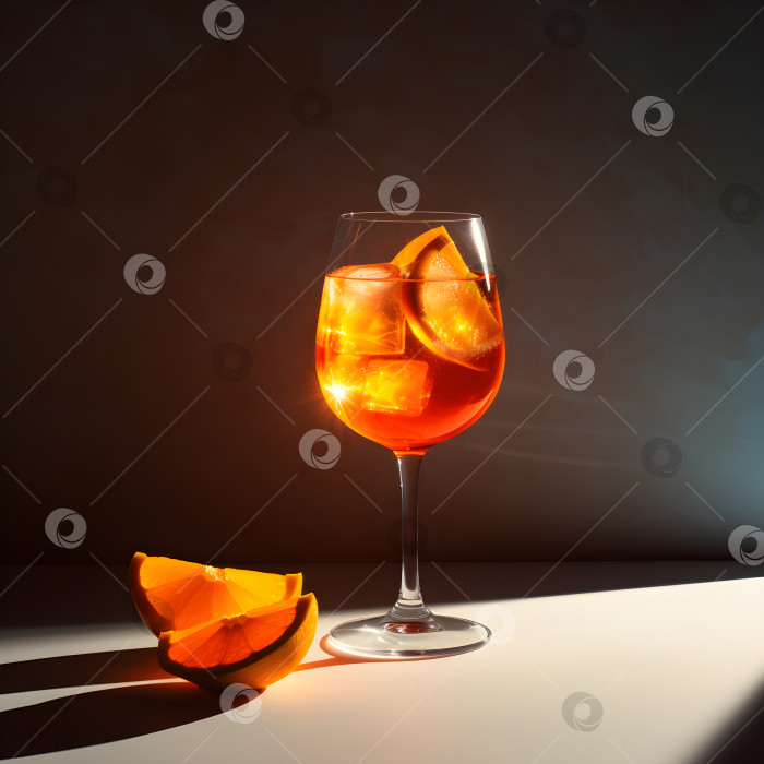 Скачать Коктейль Aperol spritz в большом бокале для вина со льдом и кровавыми апельсинами на сером фоне в ярком освещении с тенями, летний итальянский освежающий холодный алкогольный напиток. Апельсиновый коктейль. Порождающий искусственный интеллект фотосток Ozero