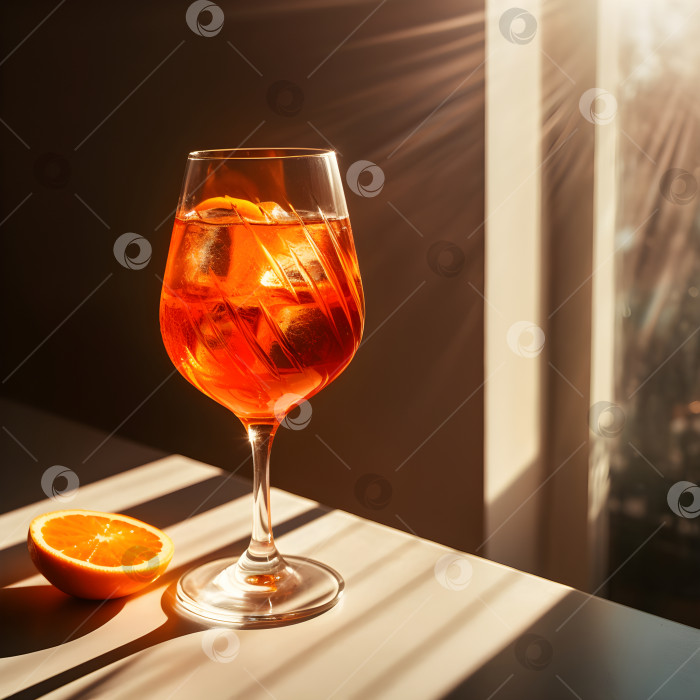 Скачать Коктейль Aperol spritz в большом бокале для вина со льдом и кровавыми апельсинами на столе при солнечном освещении с резкими тенями, летний итальянский освежающий холодный алкогольный напиток. Апельсиновый коктейль. Порождающий искусственный интеллект фотосток Ozero