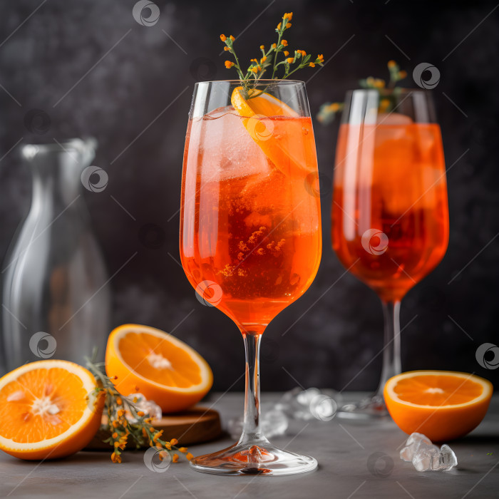 Скачать Высокий бокал итальянского алкогольного коктейля Aperol Spritz со льдом и дольками кровавого апельсина на сером фоне, выборочный акцент. Летний освежающий коктейльный напиток с апельсином. Порождающий искусственный интеллект фотосток Ozero