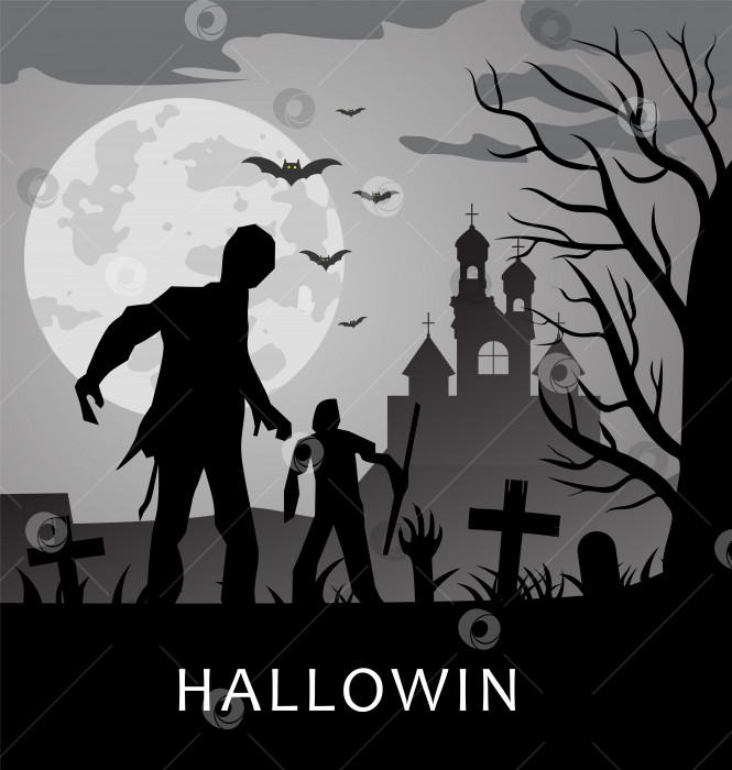 Скачать Фон Хэллоуина с зомби, надгробными плитами и луной на кладбище фотосток Ozero
