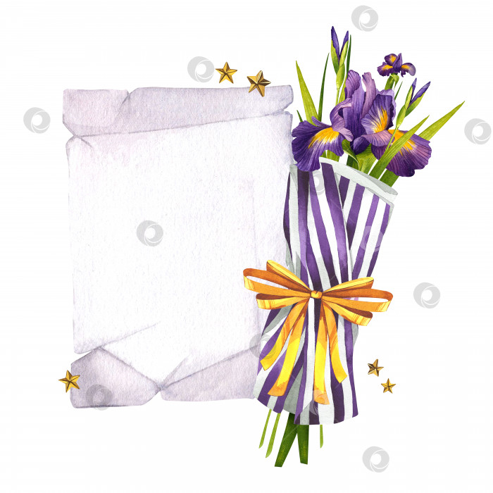 Скачать Букет фиолетовых цветов в бумажной упаковке с винтажной открыткой для текста. Вертикальный шаблон с ирисами. фотосток Ozero