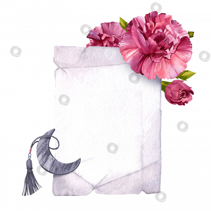 Скачать Винтажная открытка с розовыми гвоздиками и металлическим полумесяцем. Акварельная ботаническая иллюстрация на изолированном белом фоне. фотосток Ozero