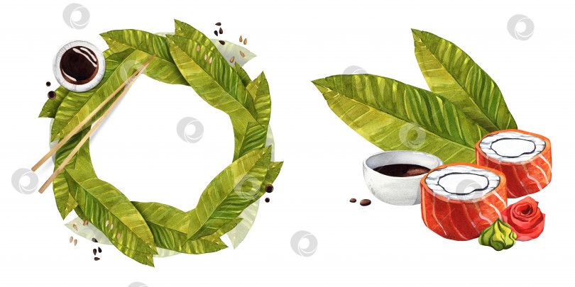Скачать Набор для оформления меню азиатской кухни. Венок из банановых листьев с соевым соусом и палочками для еды. Акварельная иллюстрация фотосток Ozero